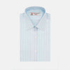 View 1 of product The Turnbull & Asser Green & Light Blue Stripe Poplin Cotton Shirt features a regular fit, T&A collar, and 2-button cuff. Its crisp vertical stripes in green and light blue stand out against a plain white background.