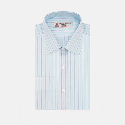 Green & Light Blue Stripe Poplin Cotton Regular Fit Shirt with T&A Collar & 2-Button Cuff