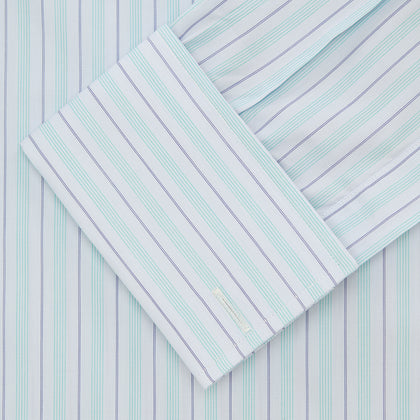 Green & Light Blue Stripe Poplin Cotton Regular Fit Shirt with T&A Collar & 2-Button Cuff