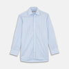 View 1 of product The Turnbull & Asser Blue & White Stripe Poplin Cotton Regular Fit Shirt features a T&A collar, double cuffs, and vertical stripes, showcased against a plain white background.