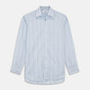 View 1 of product Turnbull & Asser’s Blue and White Stripe Twill Cotton Regular Fit Shirt features a T&A collar, double cuffs, and classic stripes, shown laid flat on a white background.