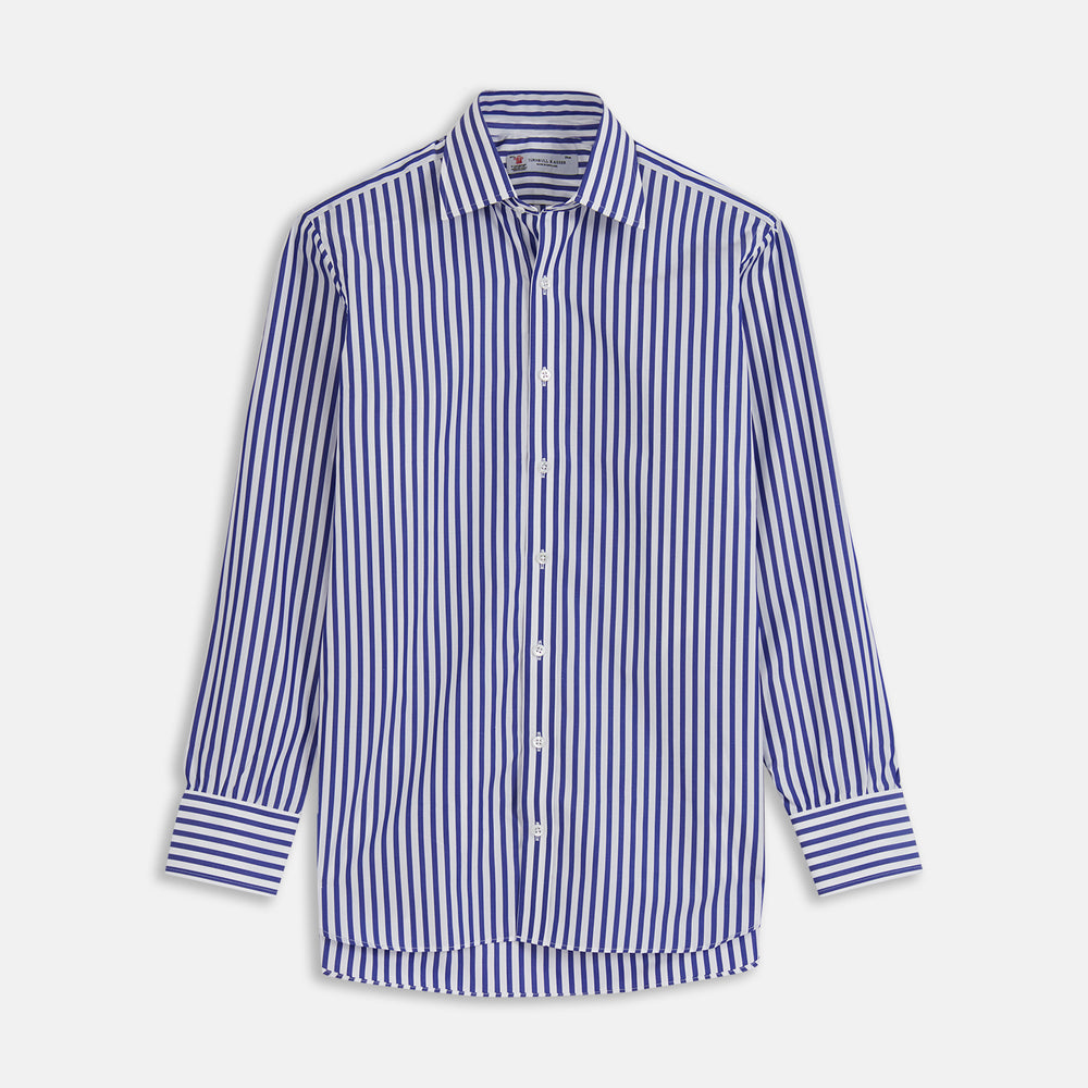 The Turnbull & Asser Blue and White Wide Stripe Shirt features a T&A collar and 3-button cuffs—its bold vertical stripes make it perfect for office wear, shown here on a white background.