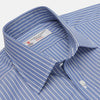 View 3 of product The Turnbull & Asser Navy Rich Stripe Shirt features a T&A collar, 3-button cuffs, blue with white vertical stripes, and a button-down front—shown laid flat on a white background.