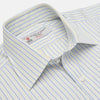 View 3 of product The Turnbull & Asser Yellow and Navy Small Stripe Shirt features a T&A collar, 3-button cuffs, and vertical stripes, laid flat on a white background.