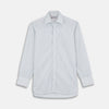View 1 of product The Turnbull & Asser Yellow and Navy Small Stripe Shirt features a T&A collar, 3-button cuffs, and vertical stripes, laid flat on a white background.