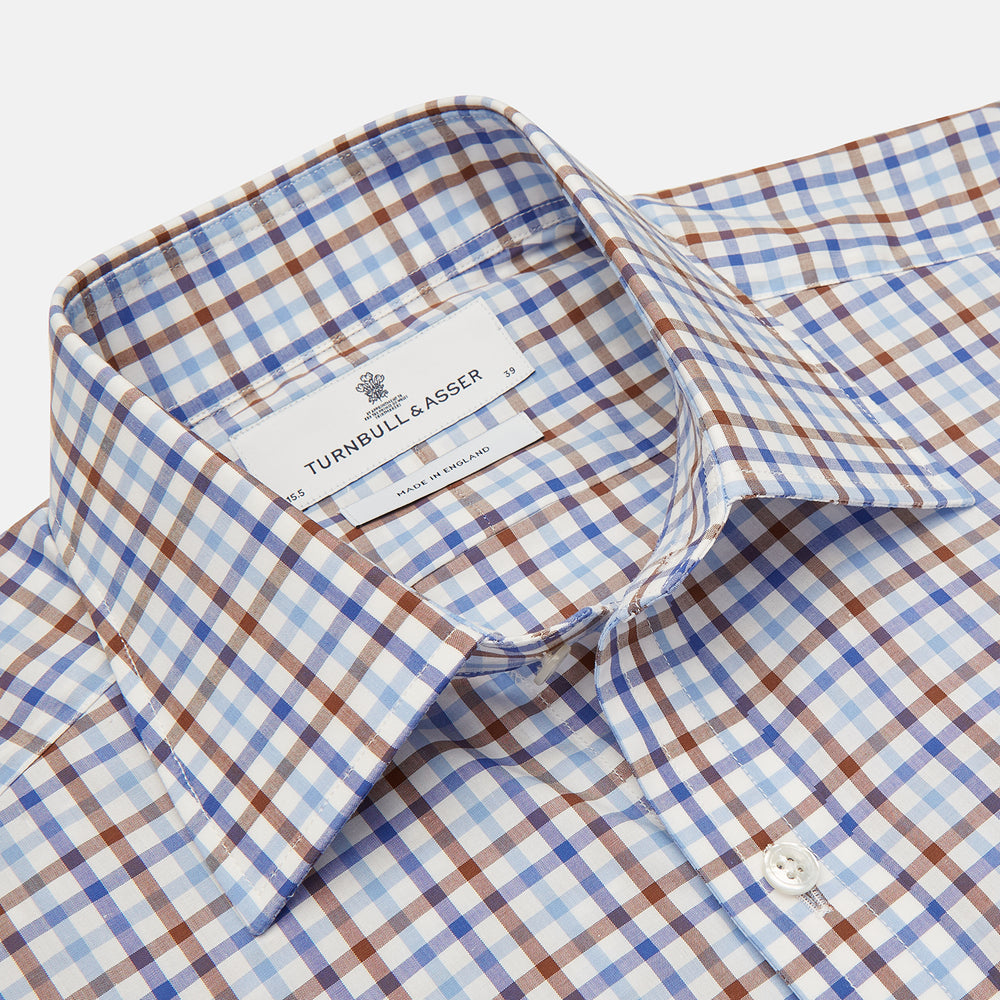 Blue, Brown and Navy Check Shirt with T&A Collar and 3-Button Cuffs