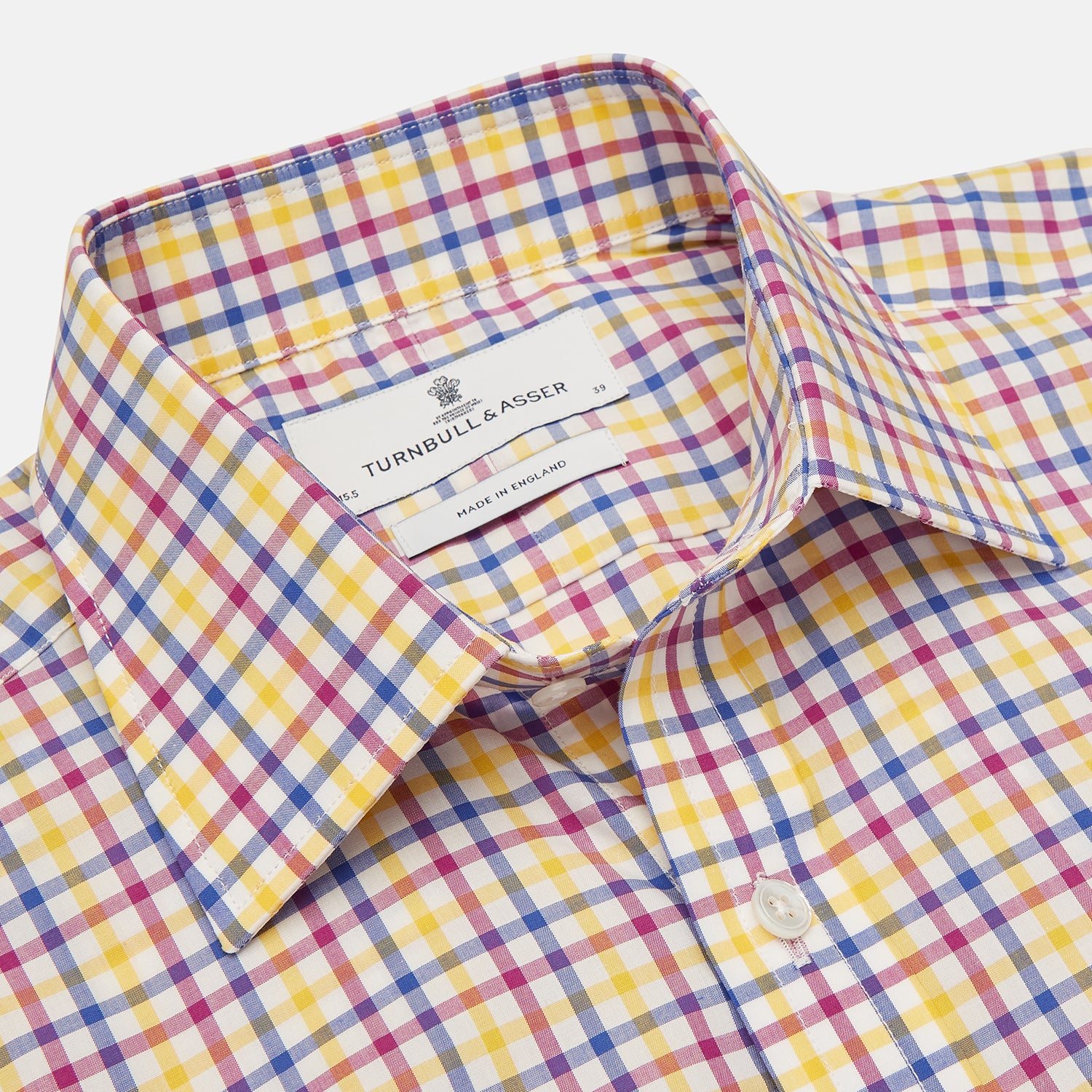 View 3 of product The Turnbull & Asser Blue, Yellow and Pink Check Shirt features a signature T&A collar, 3-button cuffs, and vibrant checks—an essential long-sleeve button-down for any men's wardrobe.