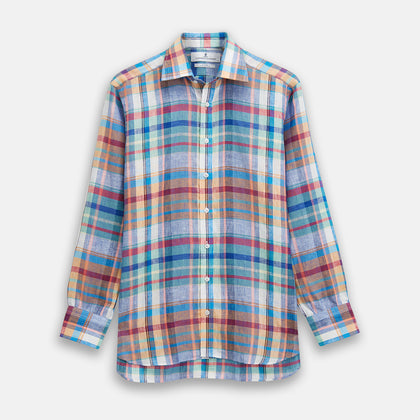 Blue and Teal Madras Check Regular Fit Linen Shirt with T&A Collar and 3-Button Cuffs