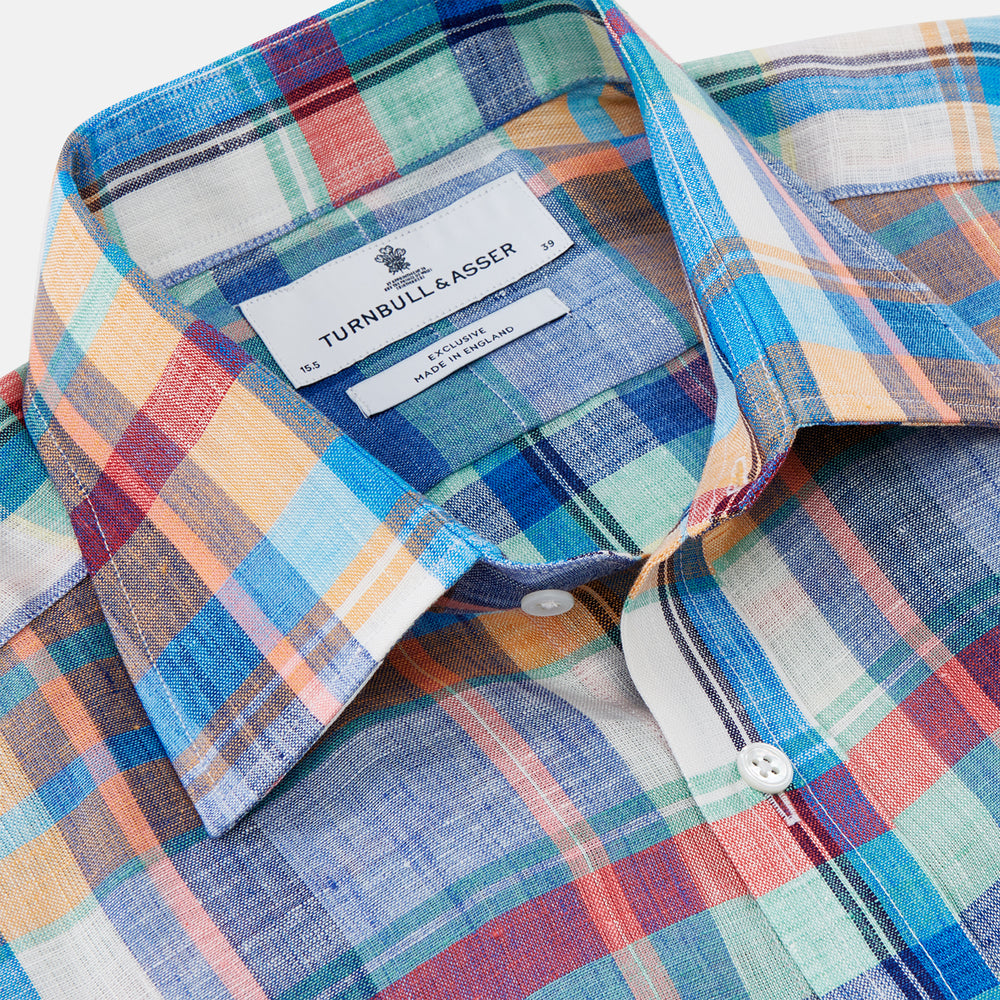 Turnbull & Asser Blue and Teal Madras Check Regular Fit Linen Shirt, featuring a T&A collar and 3-button cuffs, displayed against a plain white background.