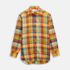 View 2 of product A close-up of Turnbull & Asser’s Orange Madras Check Linen Fabric, showing a vibrant plaid with intersecting red, green, yellow, blue, and orange stripes in a circular frame on a white background.