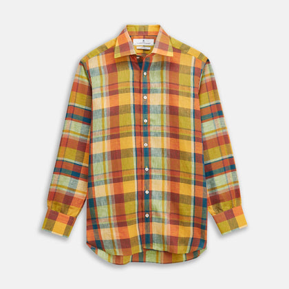 Orange Madras Check Linen Fabric