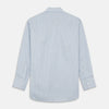 View 4 of product The Turnbull & Asser Blue and Yellow Stripe Poplin Cotton Regular Fit Shirt features a T&A collar, 3-button cuffs, and vertical stripes. It is laid flat on a white background.