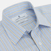 View 2 of product The Turnbull & Asser Blue and Yellow Stripe Poplin Cotton Regular Fit Shirt features a T&A collar, 3-button cuffs, and vertical stripes. It is laid flat on a white background.