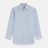 View 1 of product The Turnbull & Asser Blue and Yellow Stripe Poplin Cotton Regular Fit Shirt features a T&A collar, 3-button cuffs, and vertical stripes. It is laid flat on a white background.