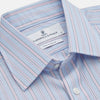 View 2 of product The Turnbull & Asser Blue and Pink Stripe Poplin Cotton Regular Fit Shirt features a T&A collar, 3-button cuffs, and vertical stripes, presented against a plain white background.