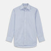 View 1 of product The Turnbull & Asser Blue and Pink Stripe Poplin Cotton Regular Fit Shirt features a T&A collar, 3-button cuffs, and vertical stripes, presented against a plain white background.