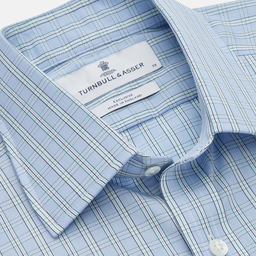 Turnbull & Asser Blue And Green Check Poplin Cotton Regular Fit Shirt, featuring a T&A collar and 3-button cuffs, laid flat on a white background.