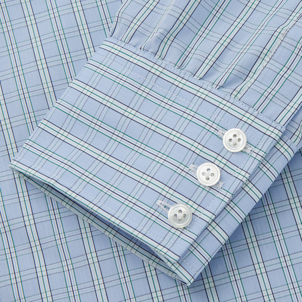 Turnbull & Asser Blue And Green Check Poplin Cotton Regular Fit Shirt, featuring a T&A collar and 3-button cuffs, laid flat on a white background.