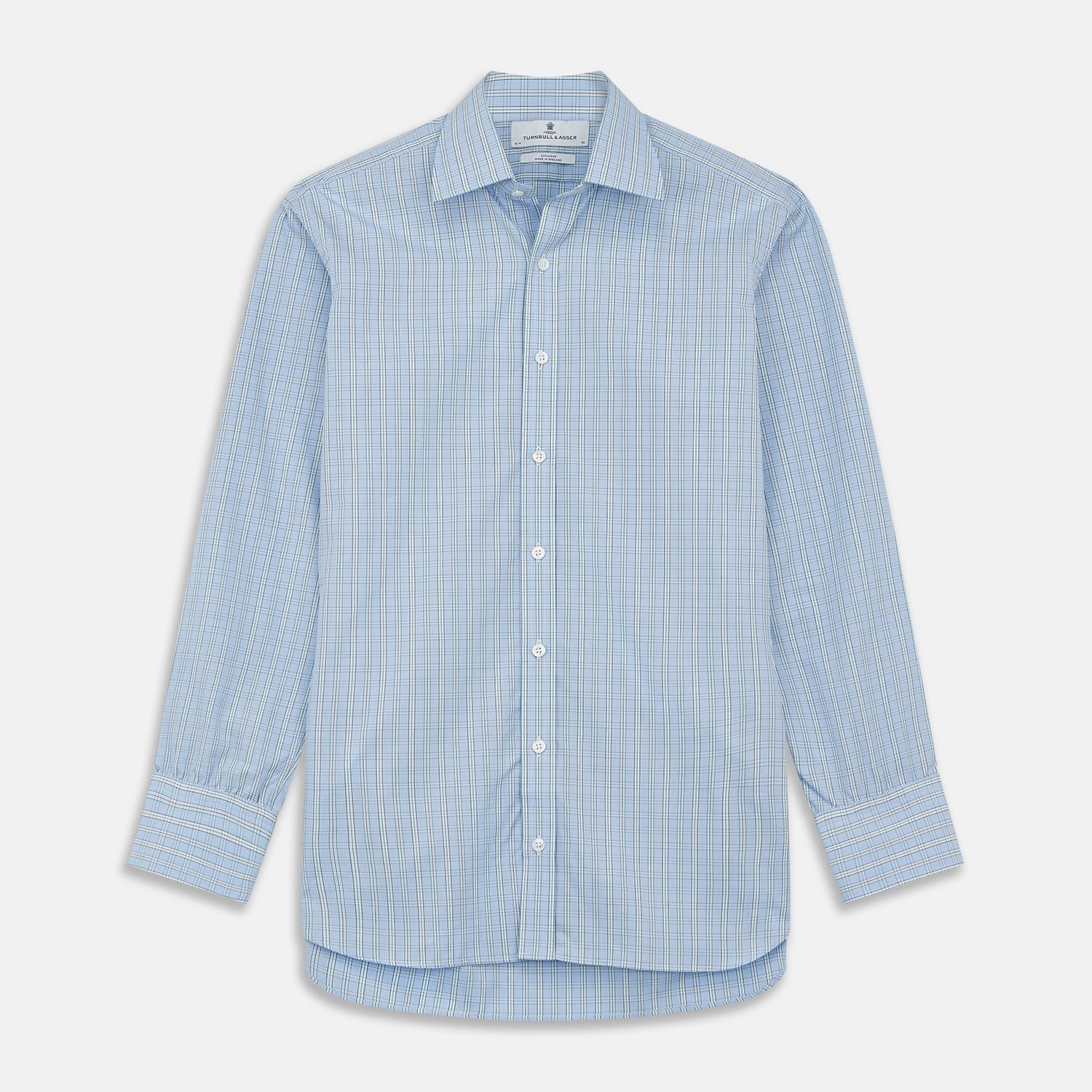 View 1 of product Turnbull & Asser Blue And Green Check Poplin Cotton Regular Fit Shirt, featuring a T&A collar and 3-button cuffs, laid flat on a white background.