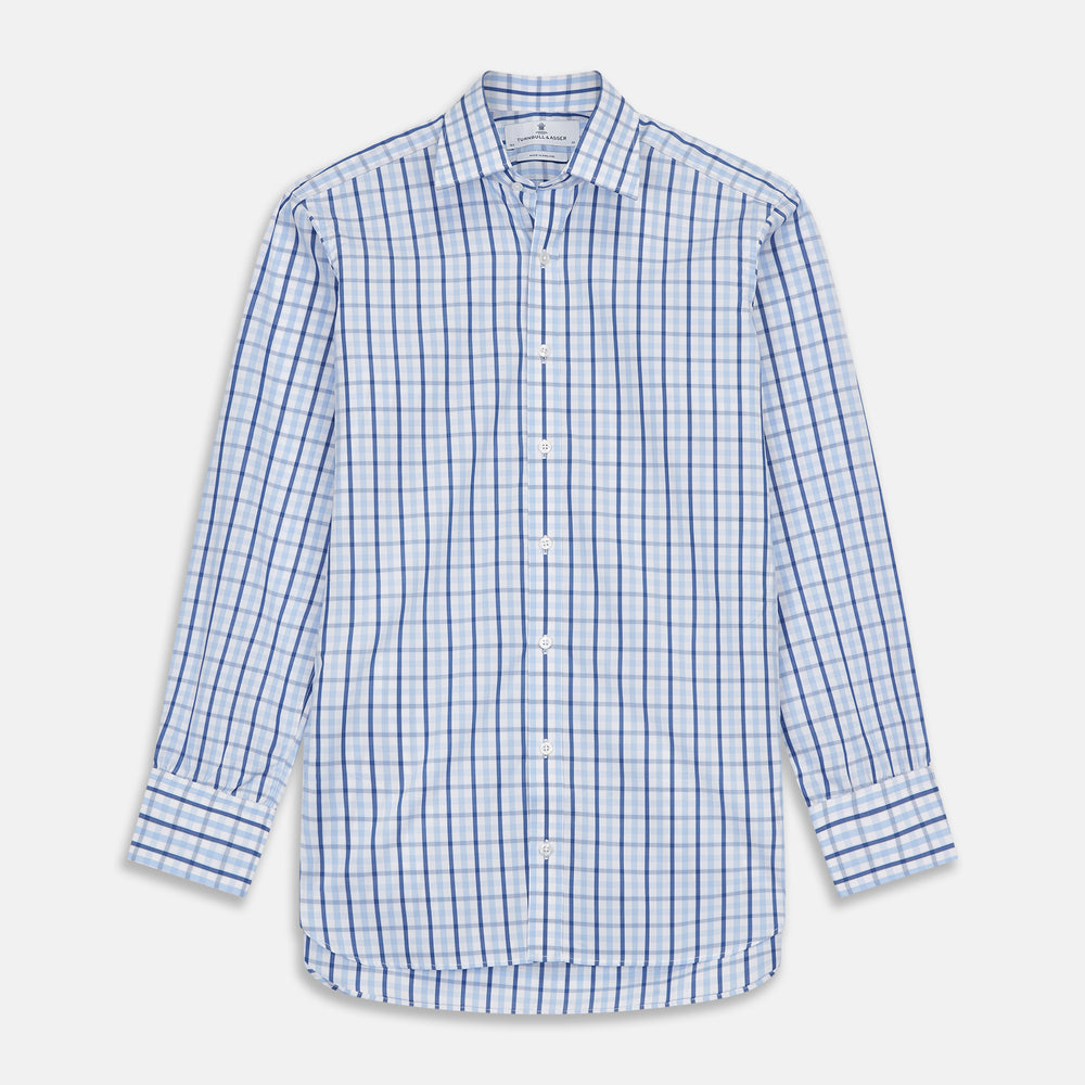 Blue Check Poplin Shirt with T&A Collar and 3-Button Cuffs