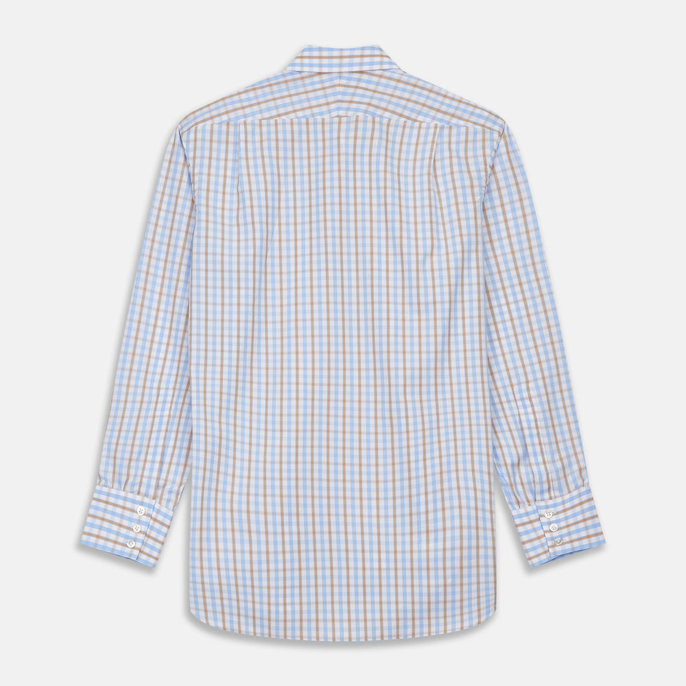 The Turnbull & Asser Blue and Brown Check Poplin Shirt features a T&A collar, 3-button cuffs, and a regular fit cotton construction, shown laid flat against a white background.