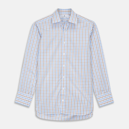 Blue and Brown Check Poplin Shirt with T&A Collar and 3-Button Cuffs