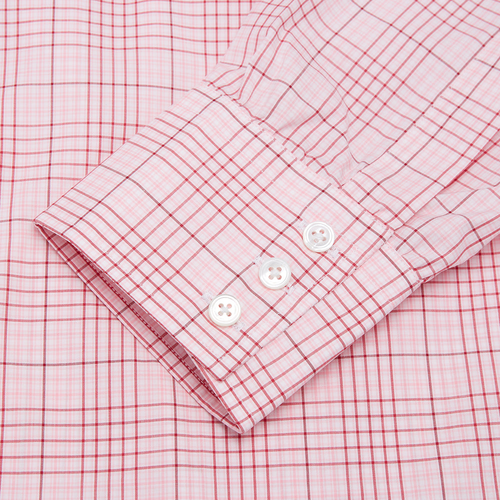 The Turnbull & Asser Pink Fine Check Shirt features superfine cotton Zephir, a T&A collar, and three-button cuffs, shown laid flat on a white background.