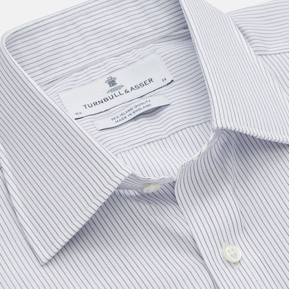 White And Blue Stripe Sea Island Quality Cotton Shirt With T&A Collar and 3-Button Cuffs