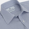 View 2 of product A Turnbull & Asser Blue and White Stripe Sea Island Quality Cotton Shirt, featuring a T&A collar and 3-button cuffs, crafted from luxurious Egyptian cotton with light blue and white vertical stripes, is laid flat on a white background.