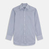 View 1 of product A Turnbull & Asser Blue and White Stripe Sea Island Quality Cotton Shirt, featuring a T&A collar and 3-button cuffs, crafted from luxurious Egyptian cotton with light blue and white vertical stripes, is laid flat on a white background.