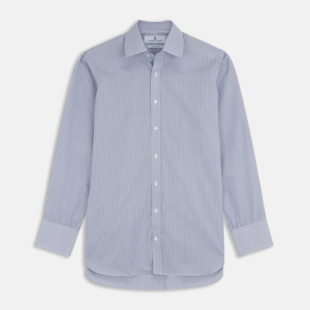 A Turnbull & Asser Blue and White Stripe Sea Island Quality Cotton Shirt, featuring a T&A collar and 3-button cuffs, crafted from luxurious Egyptian cotton with light blue and white vertical stripes, is laid flat on a white background.