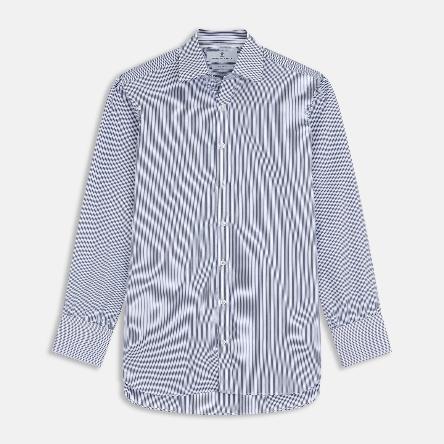 View 1 of product A Turnbull & Asser Blue and White Stripe Sea Island Quality Cotton Shirt, featuring a T&A collar and 3-button cuffs, crafted from luxurious Egyptian cotton with light blue and white vertical stripes, is laid flat on a white background.