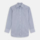 A Turnbull & Asser Blue and White Stripe Sea Island Quality Cotton Shirt, featuring a T&A collar and 3-button cuffs, crafted from luxurious Egyptian cotton with light blue and white vertical stripes, is laid flat on a white background.