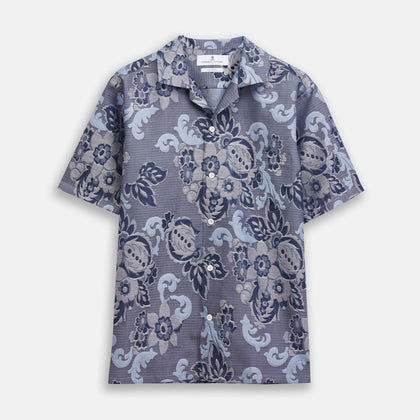 Blue & White Tapestry Weave Cotton Holiday Fit Shirt