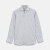 View 1 of product Turnbull & Asser's Tailored Fit Grey and White Pinstripe Shirt features a Kent collar, 2-button cuffs, and white buttons. Displayed on a plain white background.