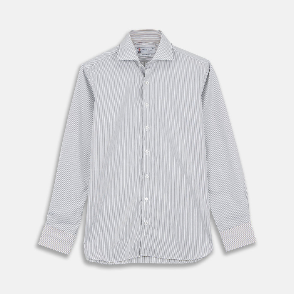 Tailored Fit Grey and White Pinstripe Shirt with Kent Collar and 2-Button Cuffs