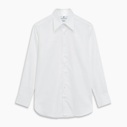 White Herringbone Tailored Fit Cotton Shirt with Long Point Collar and 2-Button Cuff