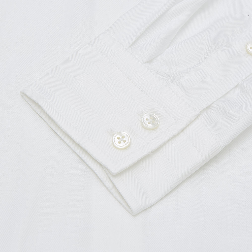 White Herringbone Tailored Fit Cotton Shirt with Long Point Collar and 2-Button Cuff