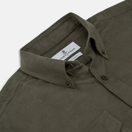 Khaki Corduroy Officer Weekend Fit Shirt with Dorset Collar and One-Button Cuffs