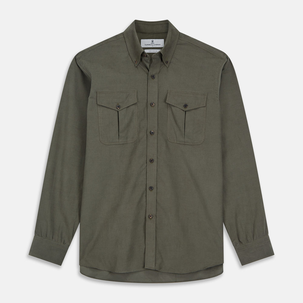 Khaki Corduroy Officer Weekend Fit Shirt with Dorset Collar and One-Button Cuffs