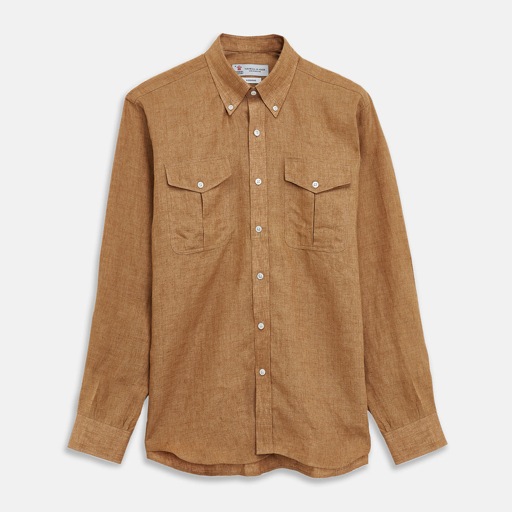 The Brown Linen Officer Weekend Fit Shirt by Turnbull & Asser features a Dorset collar, 1-button cuffs, two chest pockets, and white buttons; shown here laid flat on a white background.