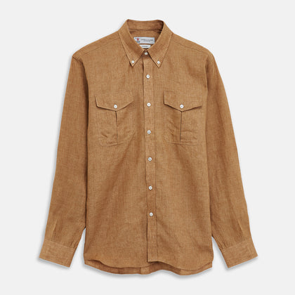 Brown Linen Officer Weekend Fit Shirt with Dorset Collar and 1-Button Cuffs