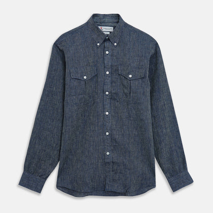 Navy & White Linen Officer Weekend Fit Shirt with Dorset Collar and 1-Button Cuffs