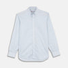 View 1 of product The Turnbull & Asser Weekend Fit Blue Stripe Cotton Shirt with Dorset collar and 1-button cuffs is laid flat on a white background, showcasing its classic long sleeves, striped design, and button-down front.