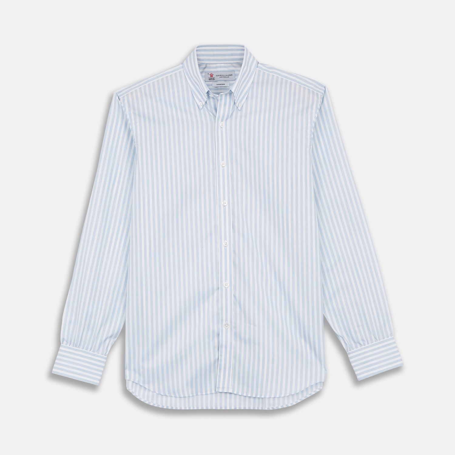 View 1 of product The Turnbull & Asser Weekend Fit Blue Stripe Cotton Shirt with Dorset collar and 1-button cuffs is laid flat on a white background, showcasing its classic long sleeves, striped design, and button-down front.