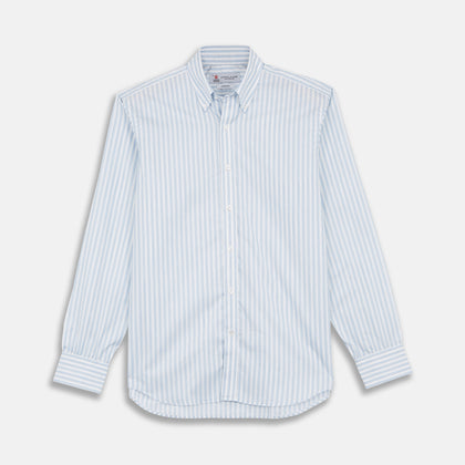 Weekend Fit Blue Stripe Cotton Shirt with Dorset Collar and 1-Button Cuffs