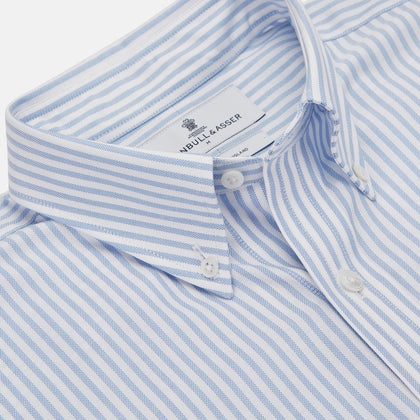 Blue and White Fine Stripe Oxford Weekend Fit Shirt with Dorset Collar and 1-Button Cuffs