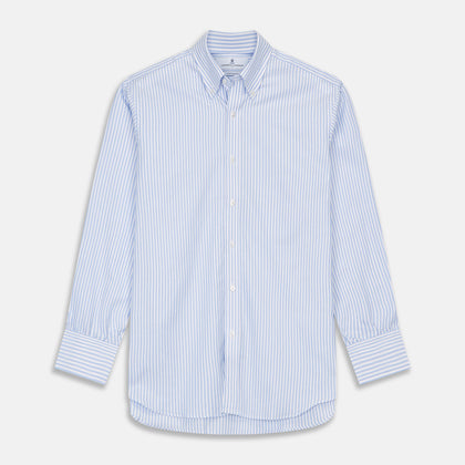Blue and White Fine Stripe Oxford Weekend Fit Shirt with Dorset Collar and 1-Button Cuffs