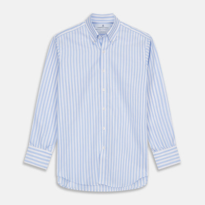Blue and White Bengal Stripe Oxford Weekend Fit Shirt with Dorset Collar and 1-Button Cuffs