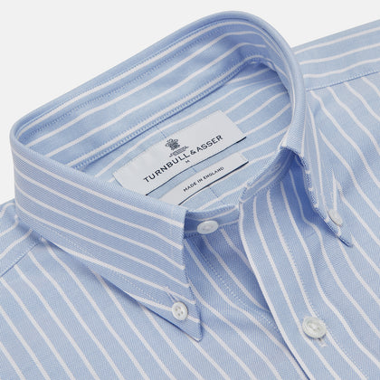 Blue and White Broad Stripe Oxford Weekend Fit Shirt with Dorset Collar and 1-Button Cuffs